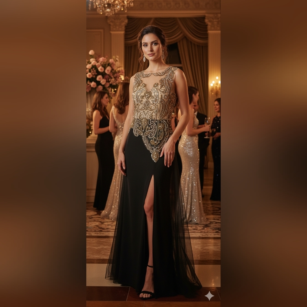 NWT Size M Spy Zone Exchange Black & Gold Embellished Open Back Evening Gown
